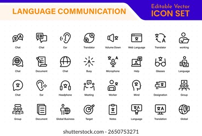 Language web icon set in line style. Language translation, linguistics, speaking, dictionary, listening skills, writing, translate, collection.