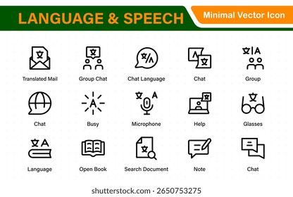 Language web icon set in line style. Language translation, linguistics, speaking, dictionary, listening skills, writing, translate, collection.