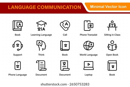 Language web icon set in line style. Language translation, linguistics, speaking, dictionary, listening skills, writing, translate, collection.