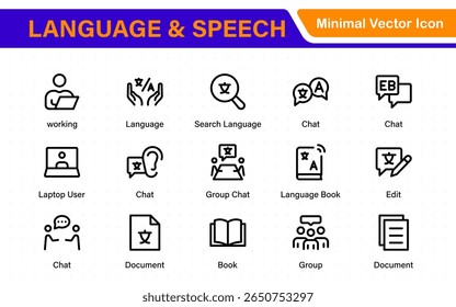 Language web icon set in line style. Language translation, linguistics, speaking, dictionary, listening skills, writing, translate, collection.