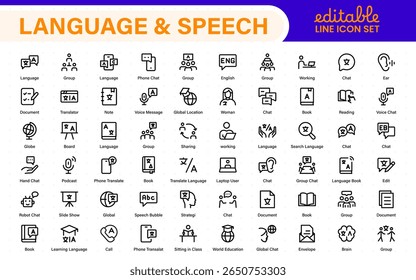 Language web icon set in line style. Language translation, linguistics, speaking, dictionary, listening skills, writing, translate, collection.