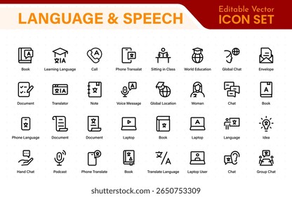 Language web icon set in line style. Language translation, linguistics, speaking, dictionary, listening skills, writing, translate, collection.