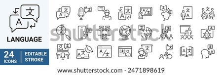 Language web line icon. Containing communication, translate, speech, non-verbal, writing, speaking, dictionary, text, language skills and vocabulary.