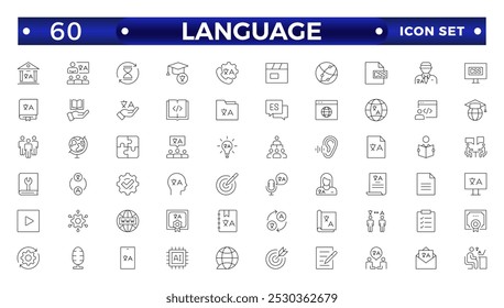 Language web outline icon set. Language translation, linguistics, speaking, dictionary, listening skills, writing, communication, speech, non-verbal, writing, dictionary, text  collection.
