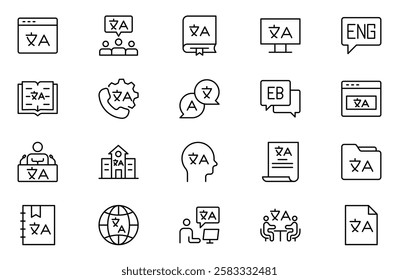 Language web outline icon set. Language translation, linguistics, speaking, dictionary, listening skills, writing, communication, speech, non-verbal, writing, dictionary, text collection.