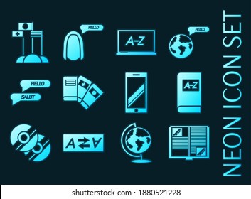 Languages education set icons. Blue Neon style