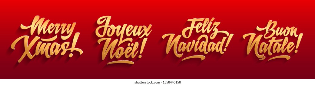 languages happy christmas vector merry xmas card logotype pattern series with greetings in spanish english french and italian languages buon natale feliz navidad joyeux noel merry christmas languages