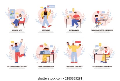 Languages learning icons, people studying online, preparing for exams - flat vector illustration on white. Set of cartoon characters practice foreign language and passing international testing.