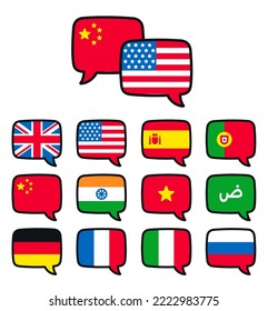 Languages speech bubble icons. Vector country flags set in cartoon style. Translation, communication and international dialogue. 