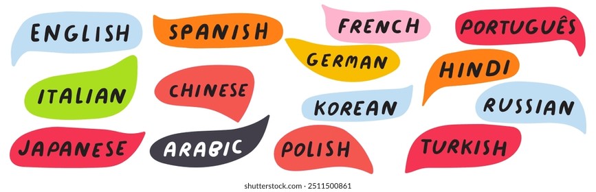 Languages of the world. Banner. Multicolored speech bubbles. Hand drawn illustration on white background.