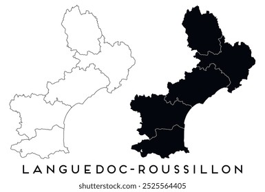 Languedoc Roussillon map of regions districts vector black on white and outline