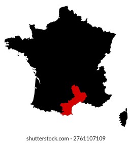 Languedoc Roussillon province highlighted on France map with clear regional boundaries, accurate geographic proportions