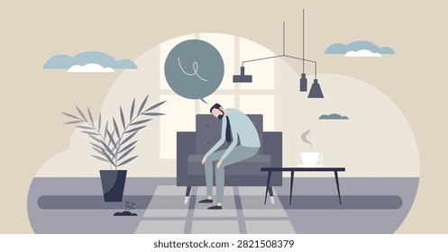 Languishing mood, tiny energy as a slumped man on a sofa stares past a coffee cup, symbolizing stagnation and emotional numbness, transparent background