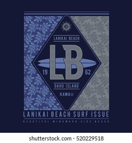 Lanikai beach surf typography, t-shirt graphics, vectors