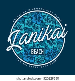 Lanikai surf beach typography, t-shirt graphics, vectors