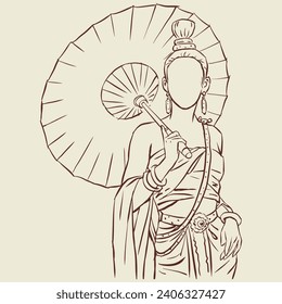 Lanna girl with big umbrella vector for card, decoration, illustration