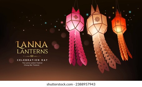 Lanna lanterns and yi peng lanterns thailand festival, colorful paper lantern style, are used to decorate buildings for beauty, at night background, Eps 10 vector illustration
