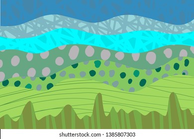 Lanscape abstract patch style illustration. Hand drawn with green blue colors. Cartoon style modern