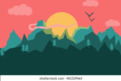Lanscape in Asia with red sky, clouds, sun, mountains and trees. In flat design