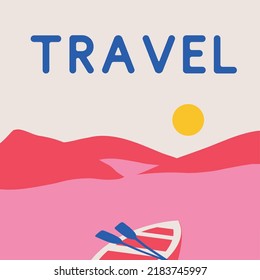  Lanscape and boat vector illustration.  Abstraction in pink, beige and blue colors for posters, social media, advertising, wallpaper, cover, web, etc.
