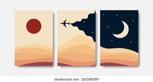 Lanscape boho decor with plane illustration day and night