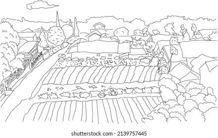 Landschaftsdoodle-Kunstfarm und Dorfhandzeichnung mit Kiefernbaum rund um die Landschaft Collage Seite Temparte