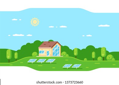 Lanscape with modern family house and solar panels. Flat style concept banner of eco home, renewable energy, ecology.
