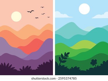 Lanscape muntain vector, warm sunset, green hills, blue skies, bright sunlight 