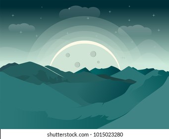 Lanscape nature vector with mountains and night sky. silhouettes of nature. use for background or invitation or card