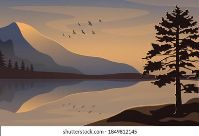 Lanscape with a pine, mountains and calm lake. Good for travelling advertisment, tourist website, presentation on environment issues, video with ambient or chillout music. Beautiful background.