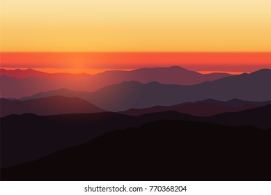 Lanscape with red sky and mountains . In flat design