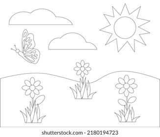 Lanscape with sun, flowers, clouds and butterfly. Coloring page for kids. 