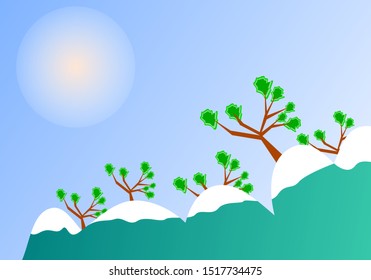 lanscape with sun mountain trees and snow on blue sky background