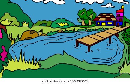 Lanscape vector- A first hand look at a house in the edge lake with an outline