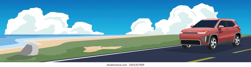 Vista del paisaje del color rojo del coche del EV que conduce en la carretera de asfalto. Junto a una playa de mar. Rodeado de hierba verde. Bajo el cielo azul y las nubes blancas.