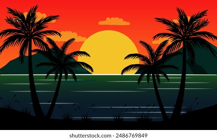 lanscape view of mountains and sea with sunset and palm trees