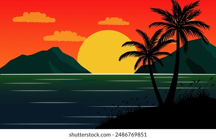 lanscape view of mountains and sea with sunset and palm trees