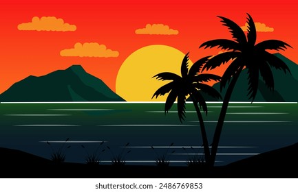 lanscape view of mountains and sea with sunset and palm trees