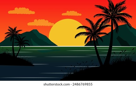 lanscape view of mountains and sea with sunset and palm trees