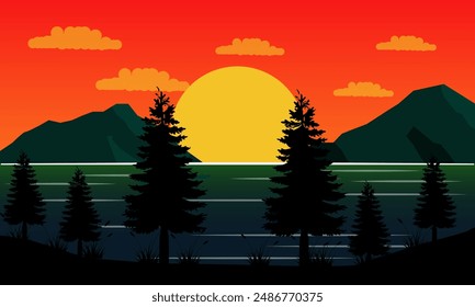 lanscape view of mountains and sea with sunset and pine trees