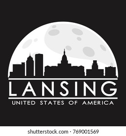 Lansing Full Moon Night Skyline Silhouette Design City Vector Art