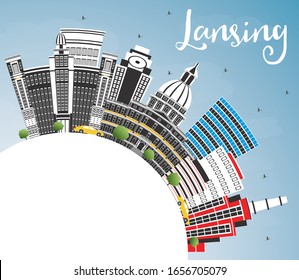 Lansing Michigan City Skyline with Color Buildings, Blue Sky and Copy Space. Vector Illustration. Business Travel and Concept with Historic Architecture. Lansing USA Cityscape with Landmarks.