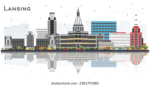 Lansing Michigan city skyline with color buildings and reflections isolated on white. Vector illustration. Business travel concept with historic architecture. Lansing USA cityscape with landmarks.