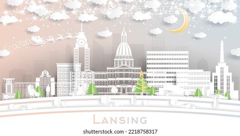 Lansing Michigan City Skyline in Paper Cut Style with Snowflakes, Moon and Neon Garland. Vector Illustration. Christmas and New Year. Santa Claus on Sleigh. Lansing USA Cityscape with Landmarks.