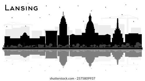 Lansing Michigan City Skyline Silhouette with Black Buildings and reflections Isolated on White. Vector Illustration. Travel and Concept with Historic Architecture. Lansing USA Cityscape.