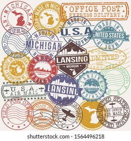 Lansing Michigan Set of Stamps. Travel Stamp. Made In Product. Design Seals Old Style Insignia.