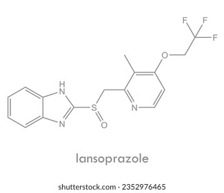 Estructura de Lansoprazol. Molécula de un fármaco inhibidor de la bomba de protones. Se utiliza en úlceras pépticas, enfermedad de reflujo, síndrome de Zollinger-Ellison y otras enfermedades.