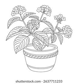 Lantana flower in traditional woodcut drawing, black and white botanical illustration
