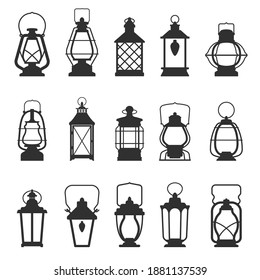 Lantern black silhouette set, hanging lights in decorative retro metal. Traditional and holiday design. Vector lantern icon illustration on white background