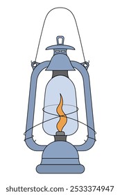 Lantern. Blue kerosene lamp. Color vector illustration. Cartoon style. Isolated background. Old-fashioned lamp. Lighting device with fire inside. Thanksgiving Day symbol. Idea for web design.